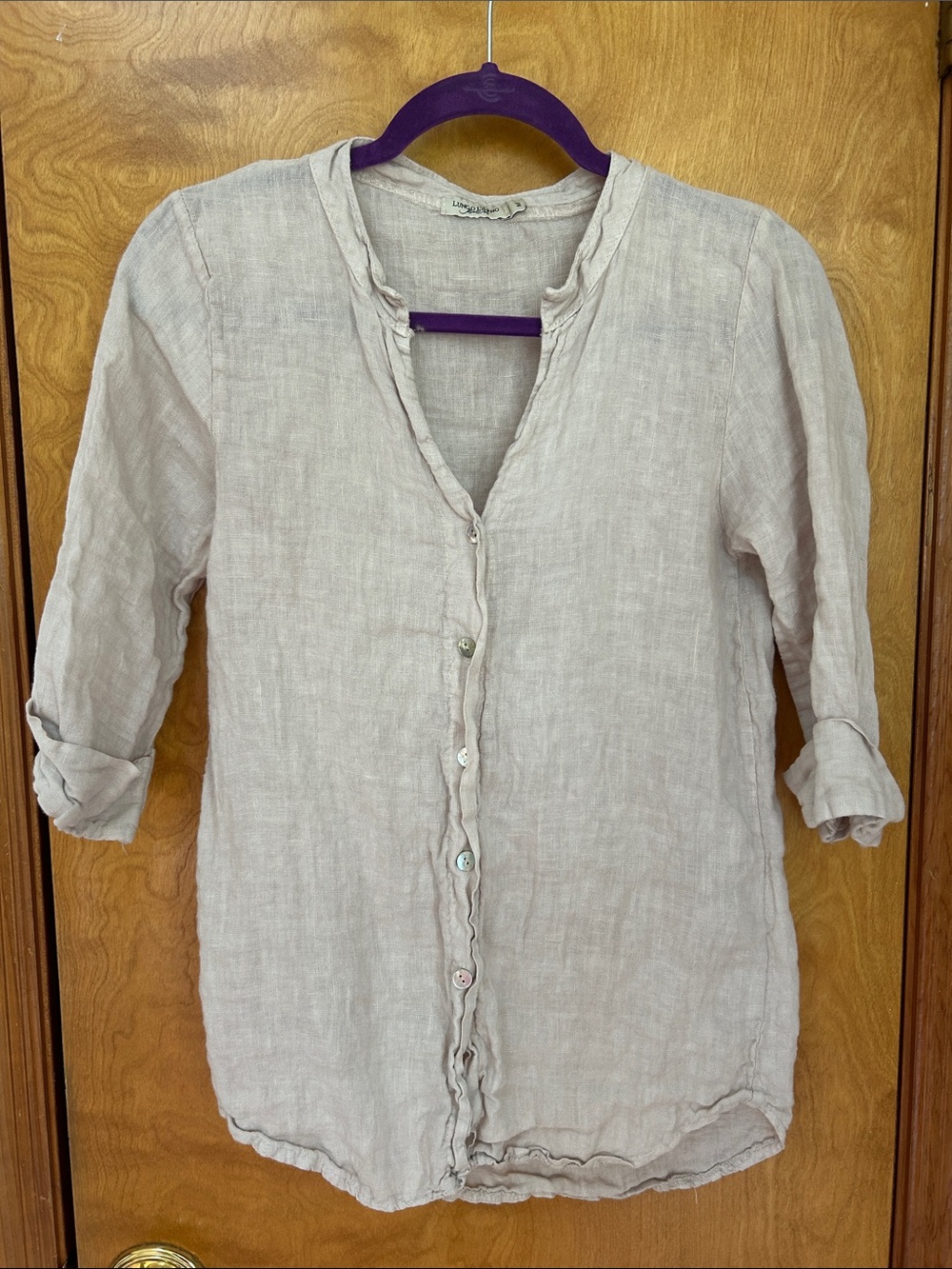 Women's Light Beige Linen Button-Down Shirt with Ruffle Trim
